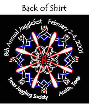 The back of the t-shirt for the 8th annual TJS juggle fest.